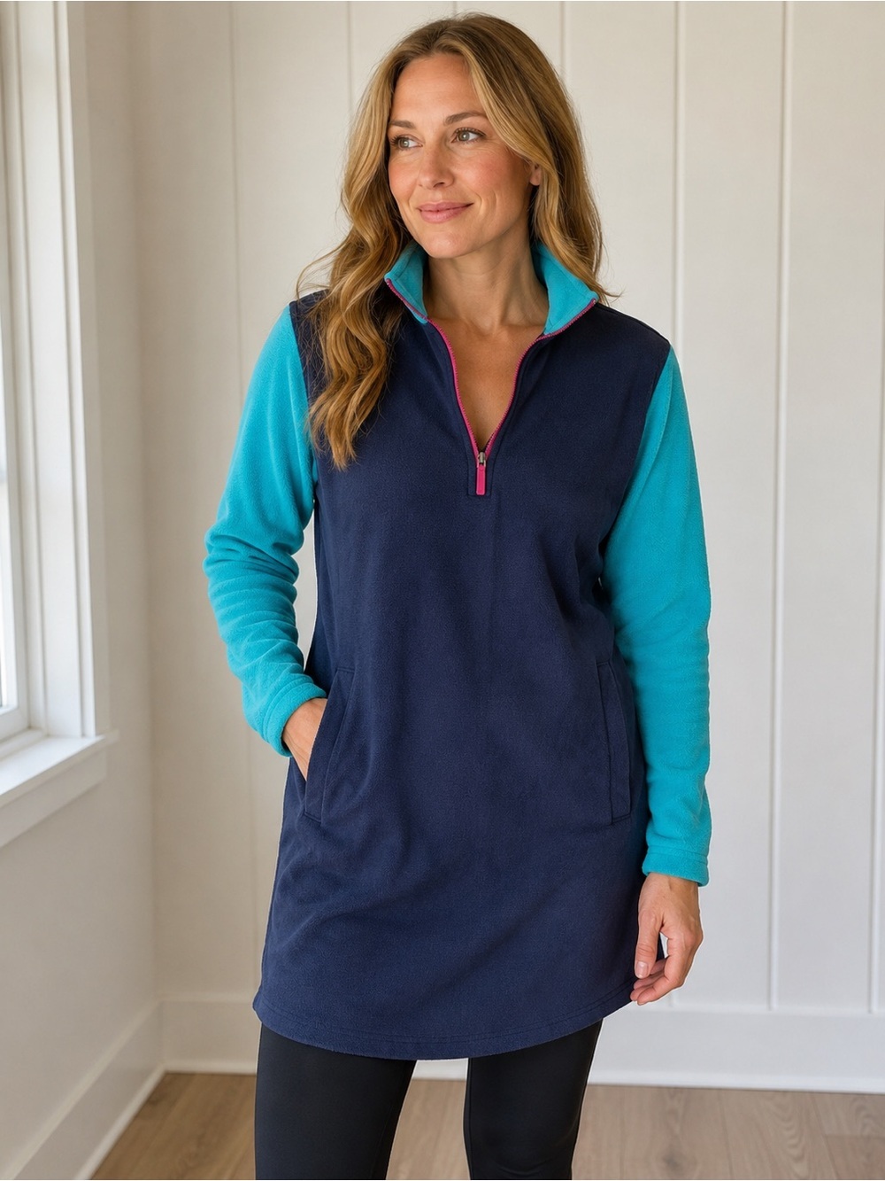 Lands' End Navy Fleece Tunic Dress with Turquoise Sleeves and Pink Zip